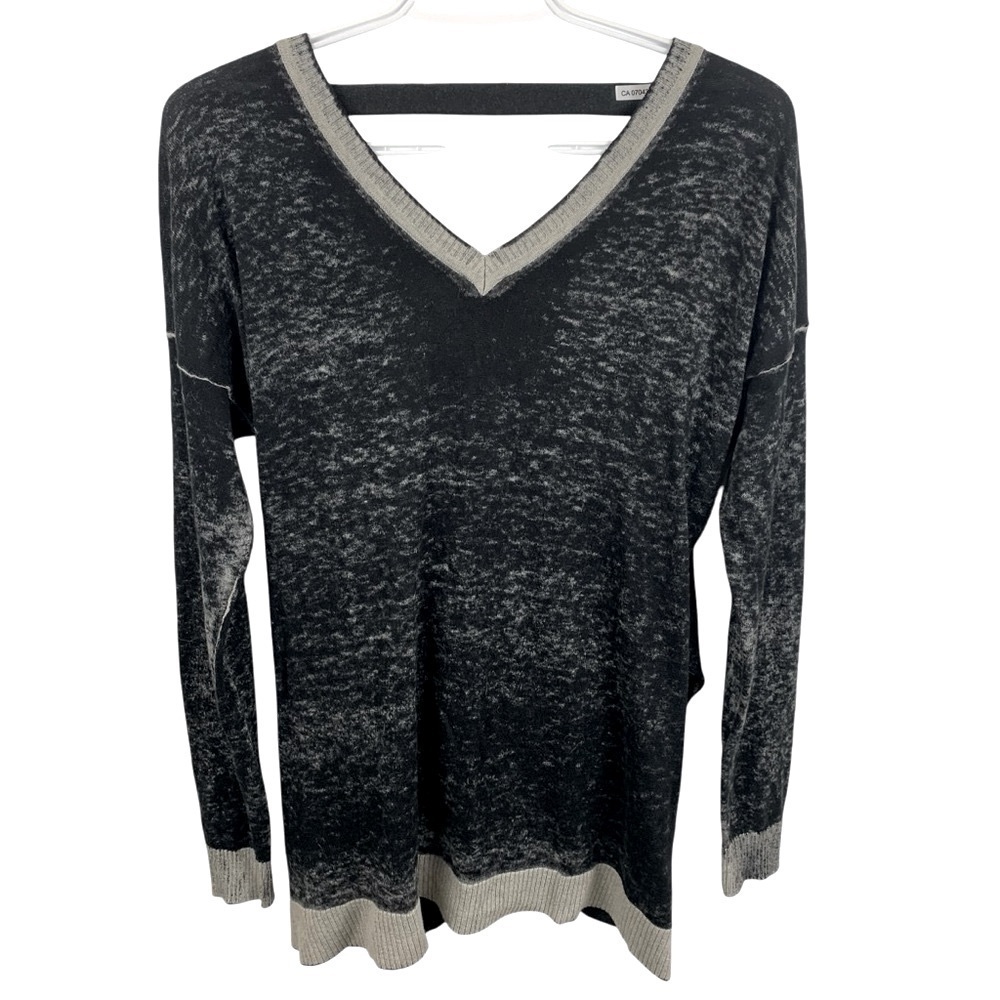 525 America sz S Black Grey Open Cross-Back Cashmere Blend V-Neck Sweater
